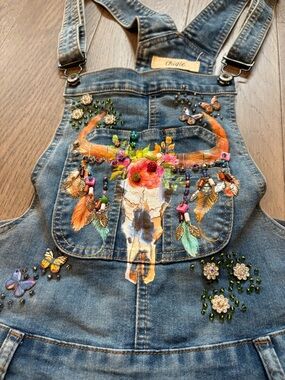 Embellished Denim Women's Overalls with Floral Skull Pocket and bling